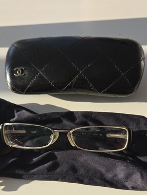 CHANEL Black Quilted Eyeglasses Case with Silver CC Accent